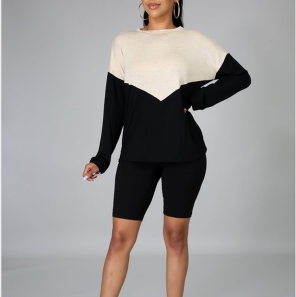 Taupe & Black Chevron Long Sleeve Biker Shorts Set - Picture 6 of 7